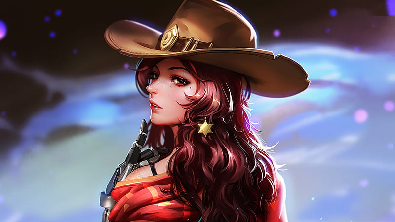 McCree, red, fantasy, overwatch, shariff, girl, cowgirl, redhead, hat, HD wallpaper