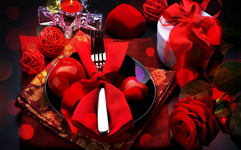FOR A SPECIAL OCCASION, valentines, red, dinner, romantic, romanic, candles, graphy, presents, silverwear, HD wallpaper