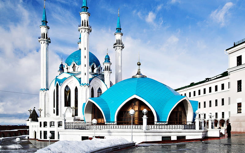 Kazan Mosque Kul Sharif, water, mosque, domes, religion, minaret, blue, HD wallpaper