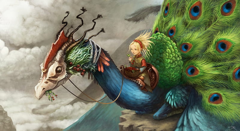 Peacock dragon, red, art, tail, peacock, dragon, david revoy, fantasy, green, feather, white, blue, HD wallpaper