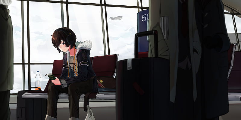 anime boy, headphones, airport, Anime, HD wallpaper