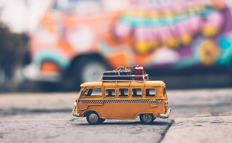 VW Bus Toy Ultra, Vintage, Travel, Volkswagen, Adventure, Blur, Vacation, Vehicle, luggage, campervan, leisure, HD wallpaper