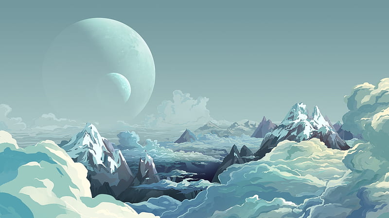 flat landscape, surface, planets, clouds, peak, snow, Sci-fi, HD wallpaper
