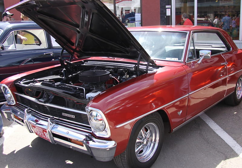 1966 Chevy Nova coupe, graphy, Red, headlights, Chevrolet, engine, HD wallpaper