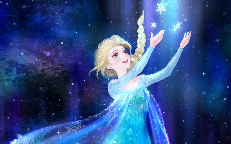Elsa, art, blonde, winter, snowflake, fantasy, girl, snow queen, magical, princess, disney, blue, HD wallpaper