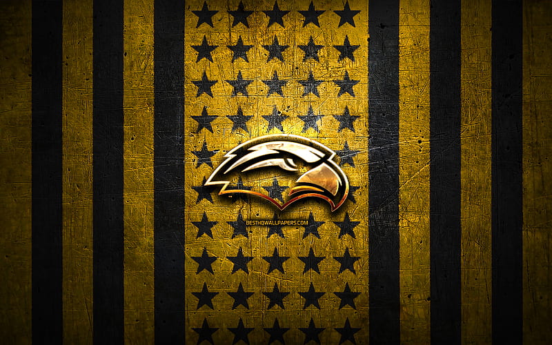 Southern Miss Golden Eagles flag, NCAA, yellow black metal background, american football team, Southern Miss Golden Eagles logo, USA, american football, golden logo, Southern Miss Golden Eagles, HD wallpaper