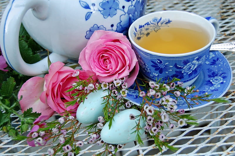 Spring Tea , lovely, easter eggs, rose, bonito, easter, tea, pink rose, graphy, cup, blue, HD wallpaper