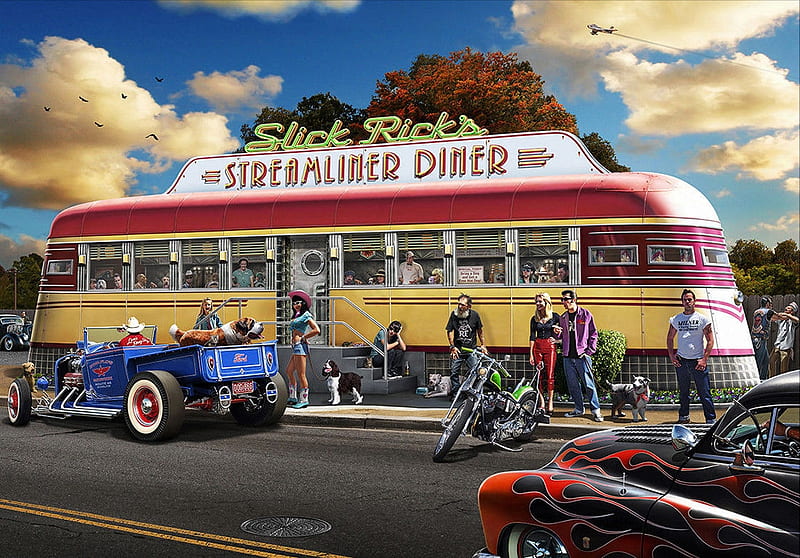 Cool Cats & Hot Dogs at Slick Ricks Streamliner Diner, art, plane, car, american, diner, hot rods, dogs, vintage, HD wallpaper