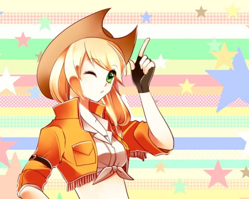 CowGirl, pretty, blond, green eyes, bonito, adorable, sweet, nice, anime, hot, beauty, anime girl, long hair, star, shirt, stripes, lovely, blonde, blonde hair, blouse, sexy, abstract, blond hair, hat, cute, kawaii, girl, jacket, wink, HD wallpaper