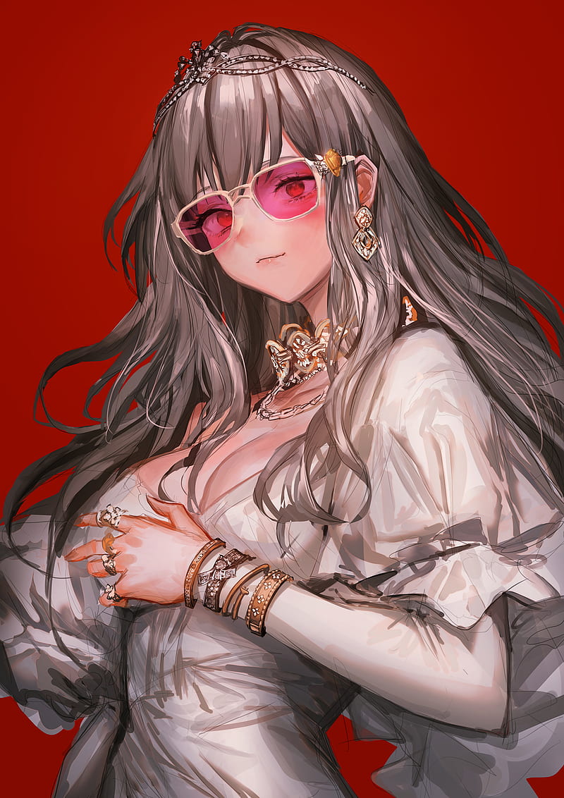 anime girls, anime, _LM7_, THE-LM7, women with shades, red background, simple background, dress, long hair, looking at viewer, HD phone wallpaper