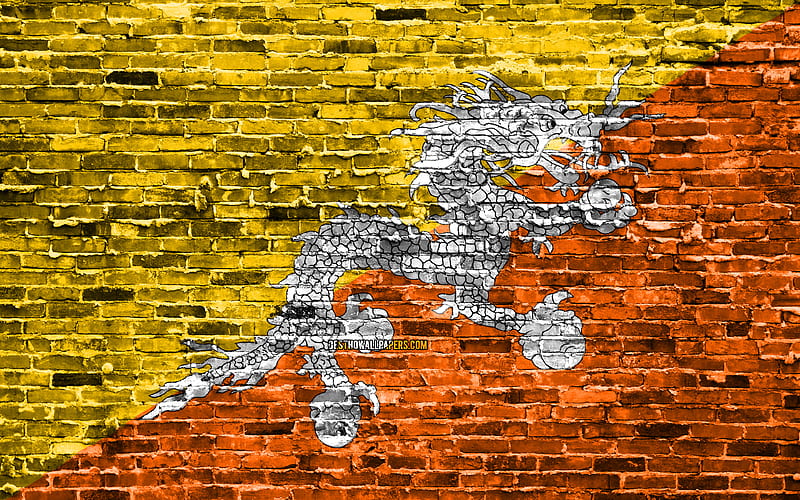 Bhutan flag, bricks texture, Asia, national symbols, Flag of Bhutan, brickwall, Bhutan 3D flag, Asian countries, Bhutan, HD wallpaper
