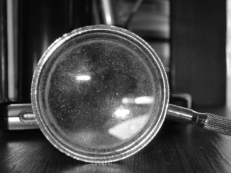 Black and white, black, magnifier, wood, HD wallpaper