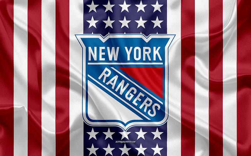 New York Rangers logo, emblem, silk texture, American flag, American hockey club, NHL, New York, USA, National Hockey League, ice hockey, silk flag, HD wallpaper
