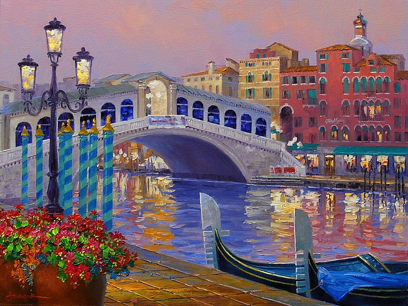 Memories of Venice, pretty, art, lovely, lantern, romantic, Italy, flwoers, bonito, memories, Venice, nice, water, bridge, painting, evening, gondola, HD wallpaper