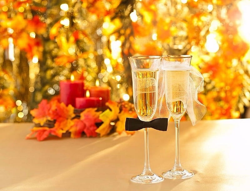 Glasses of Champagne, lovely still life, fall, autumn, wine, glasses, love four seasons, candles, still life, graphy, gold, decorations, party, champagne, HD wallpaper