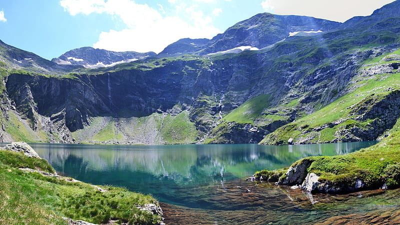 gorgeous mountain lake in the french pyrenees, cliff, clear, lake, mountains, HD wallpaper