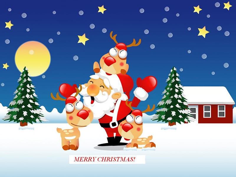 Merry Christmas!, red, house, santa clais, yellow, moon, green, reindeer, blue, night, stars, christmas, sky, winter, tree, snow, funny, white, HD wallpaper