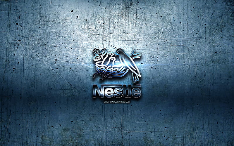 Nestle metal logo, blue metal background, artwork, Nestle, brands, Nestle 3D logo, creative, Nestle logo, HD wallpaper