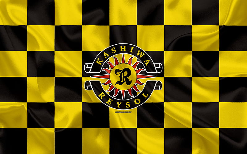 Kashiwa Reysol logo, creative art, yellow black checkered flag, Japanese football club, J1 League, J League Division 1, emblem, silk texture, Kashiwa, japan, football, HD wallpaper