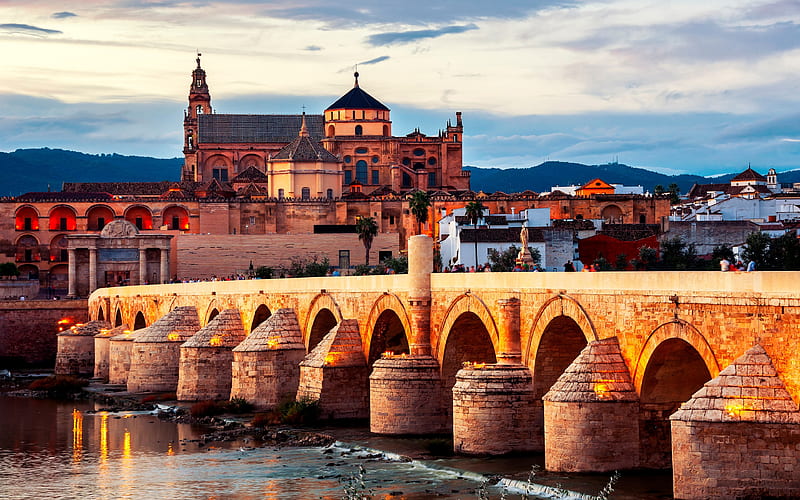 Roman Bridge Guadalquivir River, italian landmarks, Andalusia, Cordoba, Italy, Europe, HD wallpaper