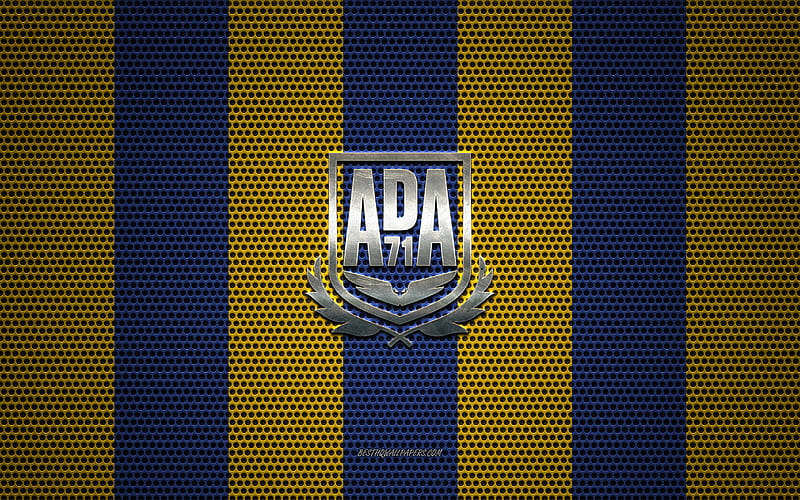 AD Alcorcon logo, Spanish football club, metal emblem, blue-yellow metal mesh background, AD Alcorcon, Segunda, Madrid, Spain, football, HD wallpaper
