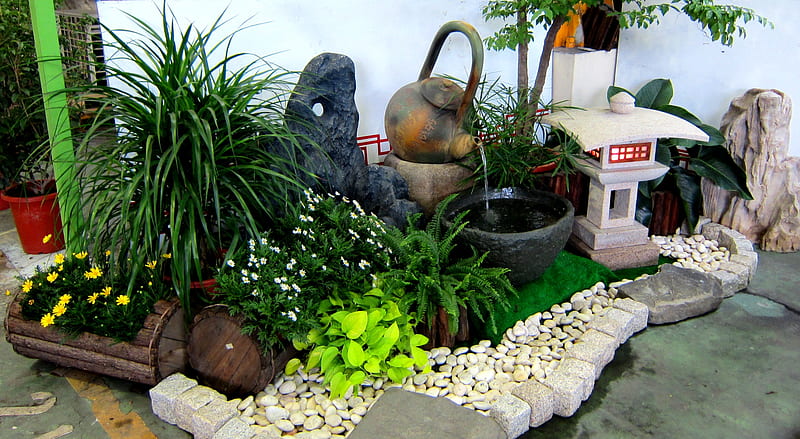 Garden Design, teapot, rock, ornamental plants, small stone, lamp posts, HD wallpaper