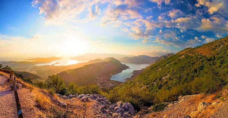 Overlooking The Bay At Sunset, port, bonito, sunset, trees, sky, Montenegro, clouds, sideroad, sea, city, mountains, HD wallpaper Overlooking The Bay At Sunset, port, bonito, sunset, trees, sky, Montenegro, clouds, sideroad, sea, city, mountains, HD wallpaper