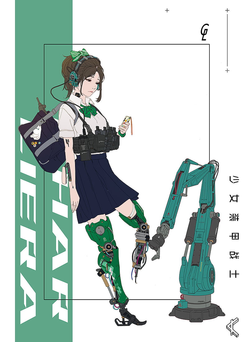 Park JunKyu, artwork, digital art, cyberpunk, schoolgirl, women, cyborg, concept art, headphones, bow-tie, handbags, HD phone wallpaper