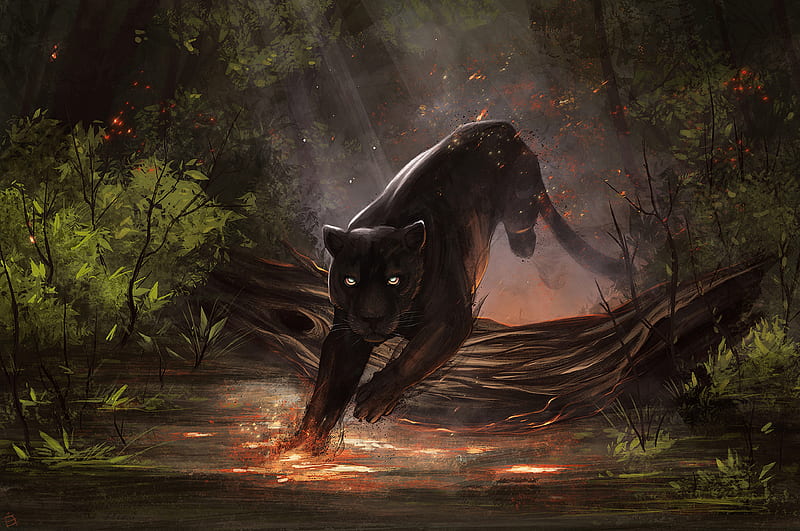 Jaguar Black Cat, animals, artist, artwork, digital-art, HD wallpaper