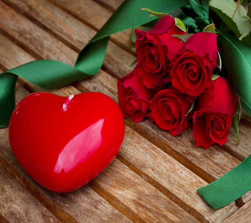 Red Roses, candle, flower, flowers, heart, ribbon, HD wallpaper