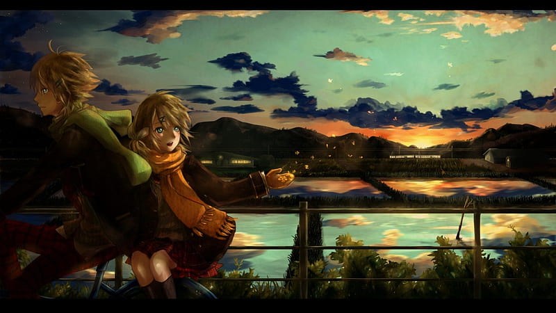 An Evening Bikeride, vocaloid, bicycle, blonde, sunset, sky, clouds, scarfs, len and rin kagamine, siblings, anime, friends, HD wallpaper