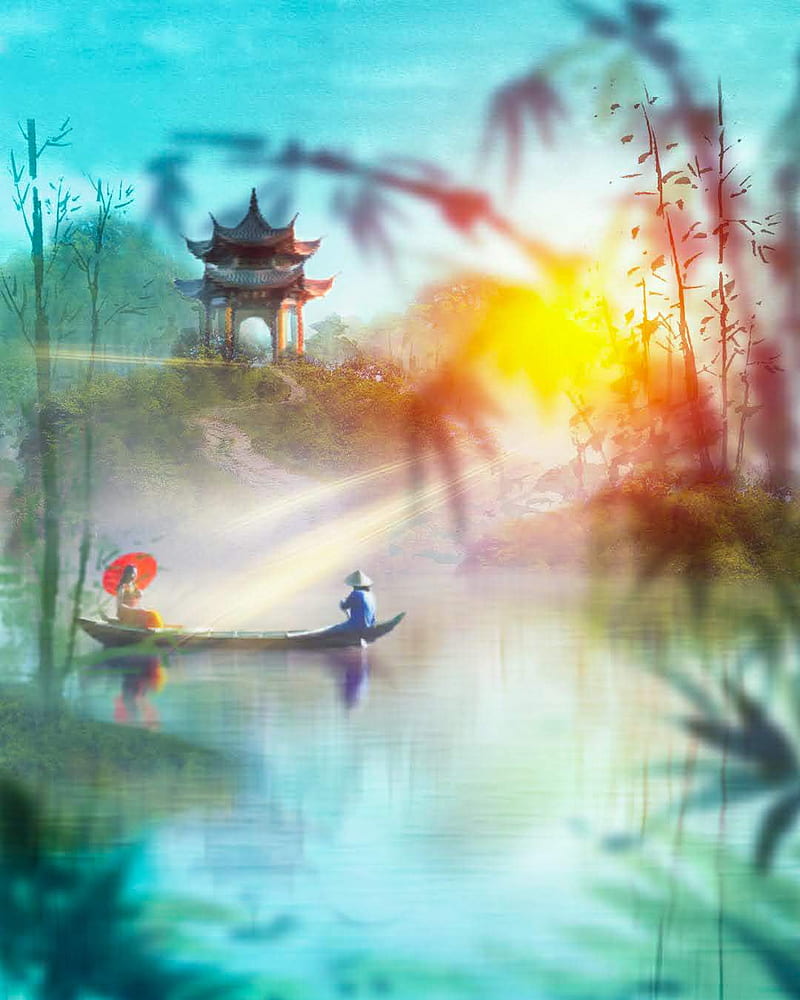 Blessed , art, asia, bamboo, lake, pagoda, graphy, hop, sunset, watercolor, watercolors, HD phone wallpaper