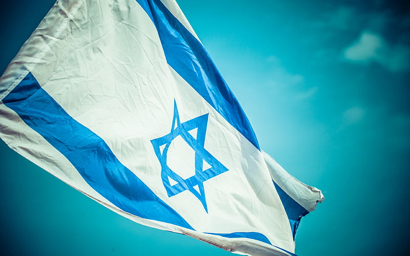 Israeli flag, blue sky, Asia, national symbols, Flag of Israel, flagpole, Israel, Asian countries, Israel 3D flag, HD wallpaper