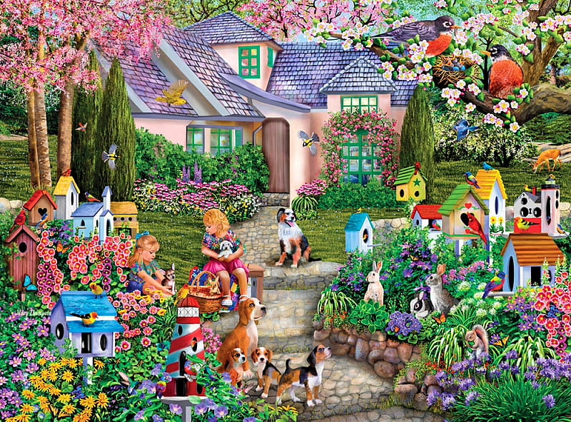 Joyful Summer, house, squirrel, children, birds, artwork, painting, rabbits, flowers, garden, cats, dogs, HD wallpaper