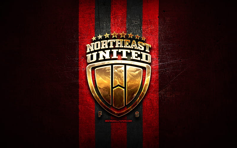 NorthEast United FC, golden logo, ISL, red metal background, football, indian football club, NorthEast United logo, soccer, India, NorthEast United, HD wallpaper