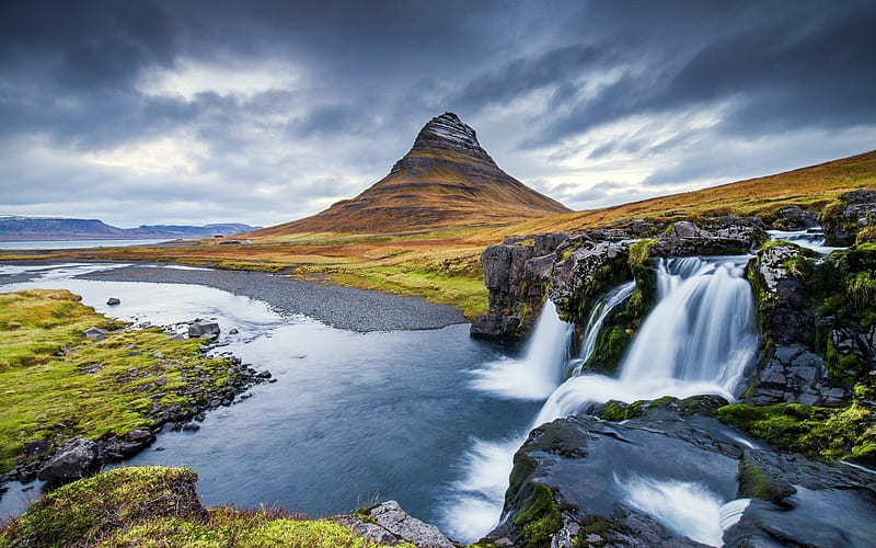 Iceland Kirkjufell Mountains, Mountains, Clouds, Sky, River, Iceland, HD wallpaper