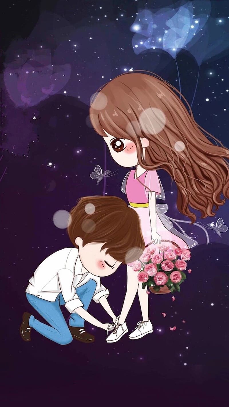 Cute Cartoon Couple Tieing Shoes Lace, cute cartoon couple, shoes lace, HD phone wallpaper