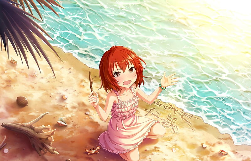 Sea is magical, dress, sun, red hair, sea, cute, beach, girl, anime, summer, anime girl, pink, HD wallpaper
