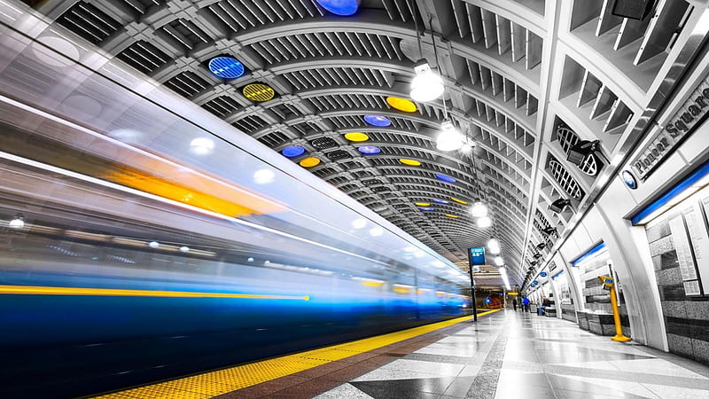 subway station in long exposure, trai, station, sunway, long exposure, tunnel, lights, HD wallpaper