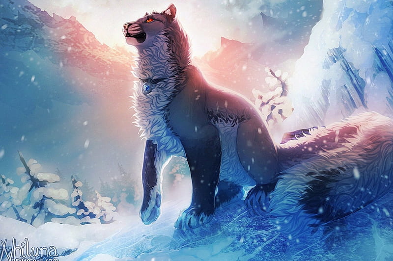 Snow mountain lion, luminos, animal, winter, puma of snow, fantasy, snow, whiluna, mountain lion, white, pink, blue, HD wallpaper