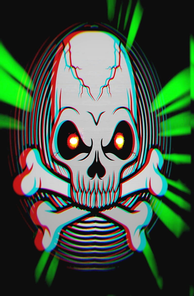 Angry skull, 3d, angry, bones, green, lights, mad, scary, skull, toxic, trippy, HD phone wallpaper
