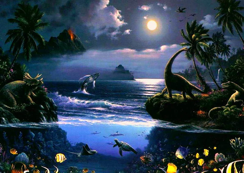 Dinosaur Moon, prehistoric, moon, ocean, dinosaurs, HD wallpaper