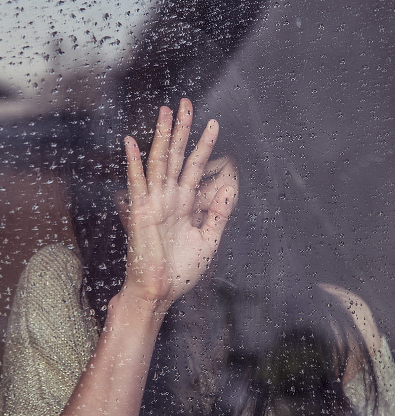 woman touch rainy glass, HD phone wallpaper