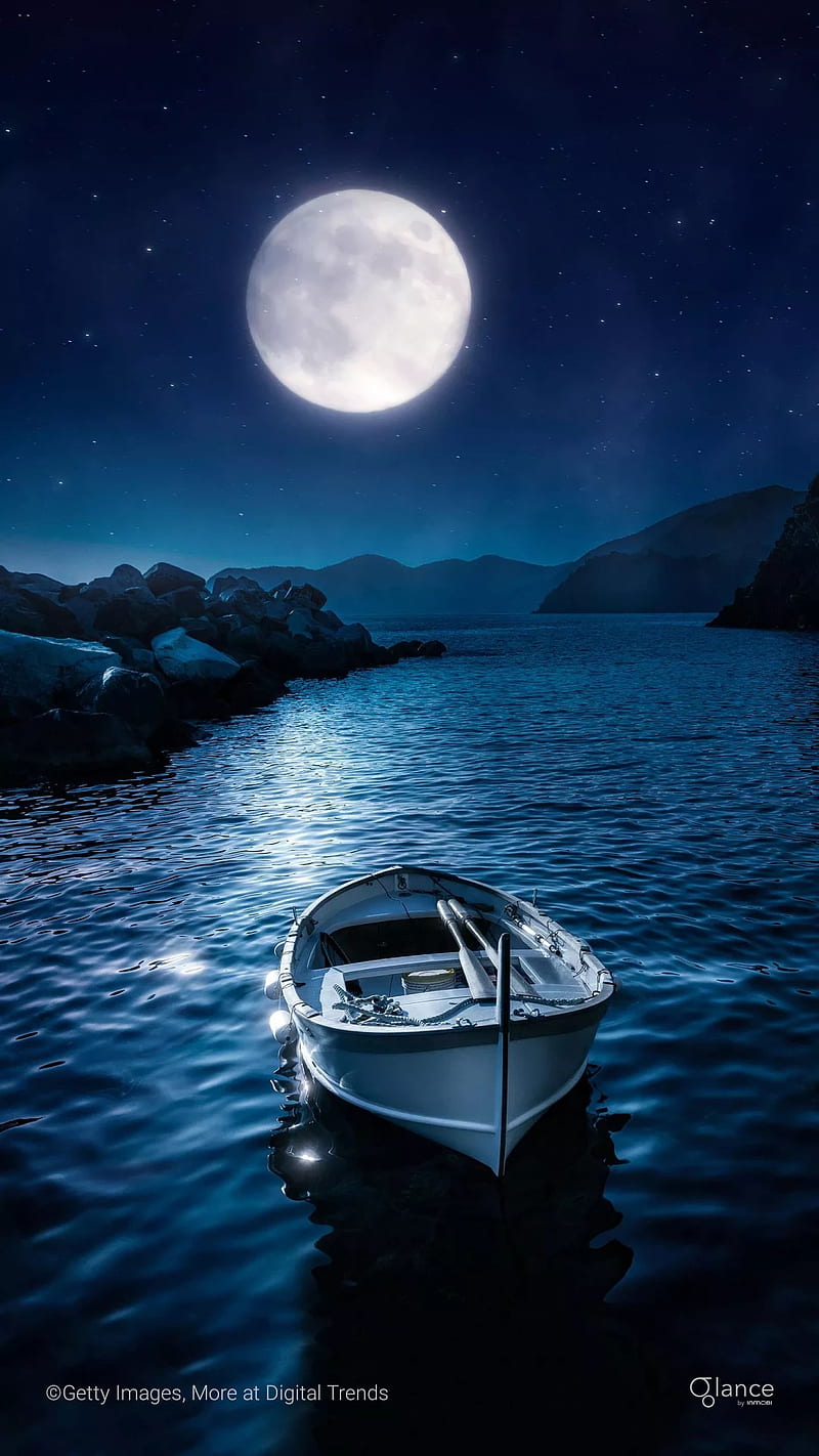 Night moon, full mountain, nature, river, ship, HD phone wallpaper