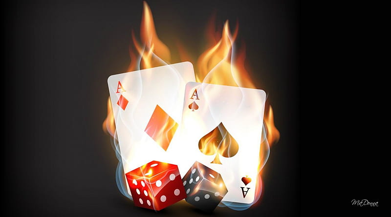 Hot Aces and Dice, gamble, win, game, dice, aces, fire, flames, poker, cards, hot, smoke, Las Vegas, HD wallpaper