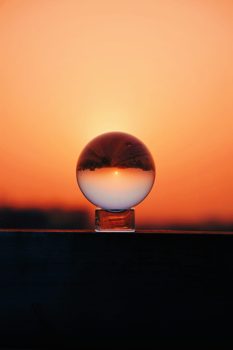 ball, glass, sunset, reflection, sky, macro, HD phone wallpaper