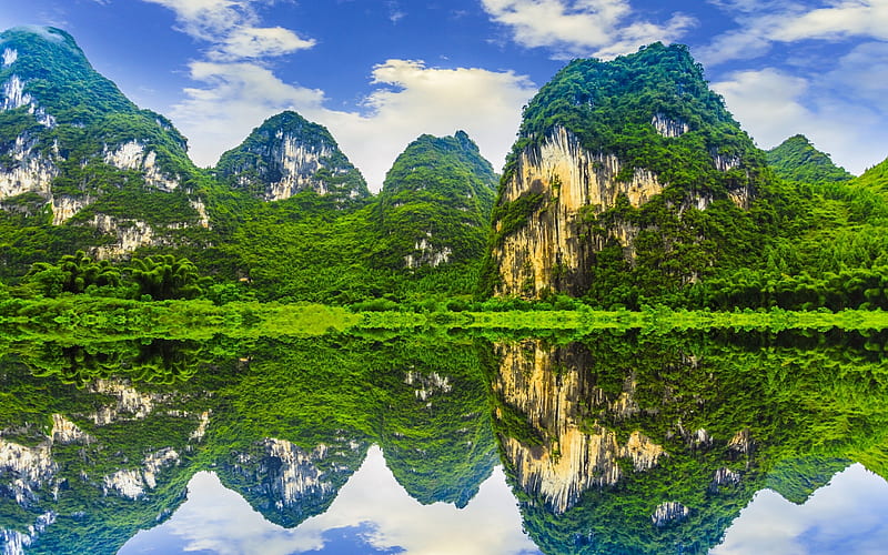 Bamboo, forest, jungle, mountains, rocks, lake, China, HD wallpaper