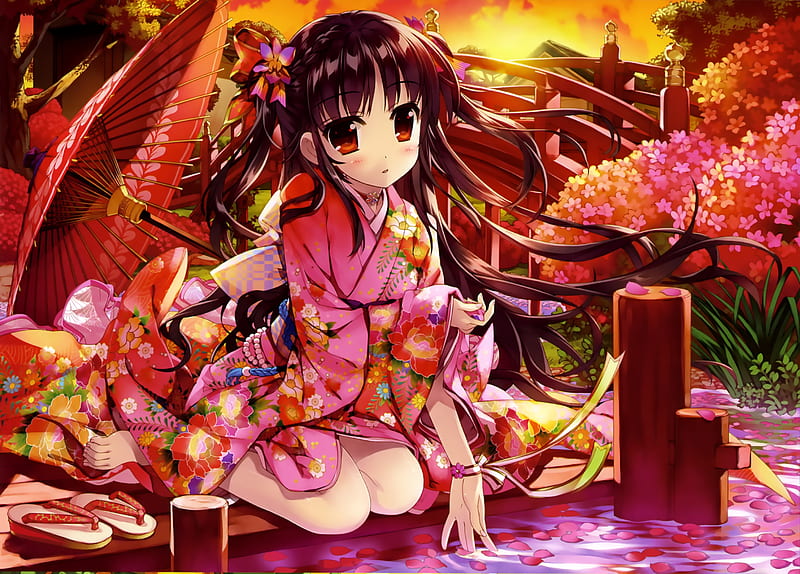 Red ..., red, pretty, umbrella, bonito, adorable, sweet, blossom, nice, japan, bridge, anime, yukata, beauty, anime girl, long hair, female, lovely, japanese, kimono, cute, kawaii, water, girl, flower, petals, scene, HD wallpaper