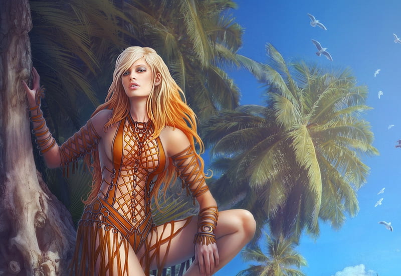 Lady of summer, tree, fantasy, luminos, girl, orange, summer, palm, frumusete, kerem beyit, vara, HD wallpaper