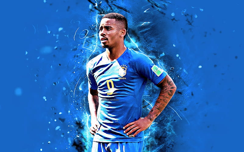 Gabriel Jesus, blue uniform, Brazilian football team, soccer, Jesus, footballers, neon lights, Brazil National Team, HD wallpaper